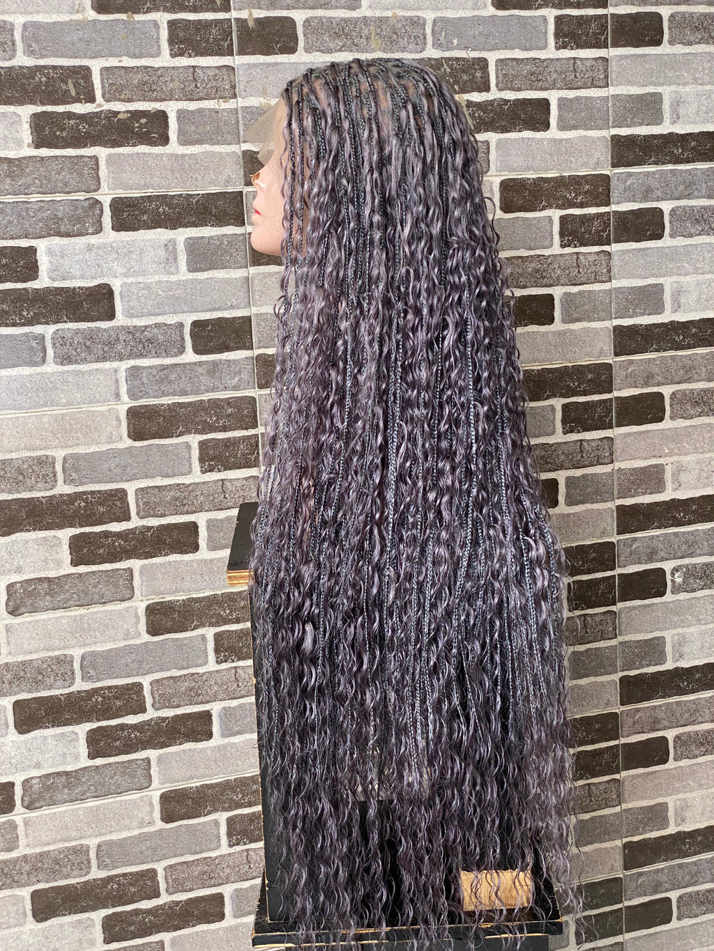 100% Human Hair Bohemian Knotless Braid Wig, Gray Color, Waist Length - (TARA GERY)