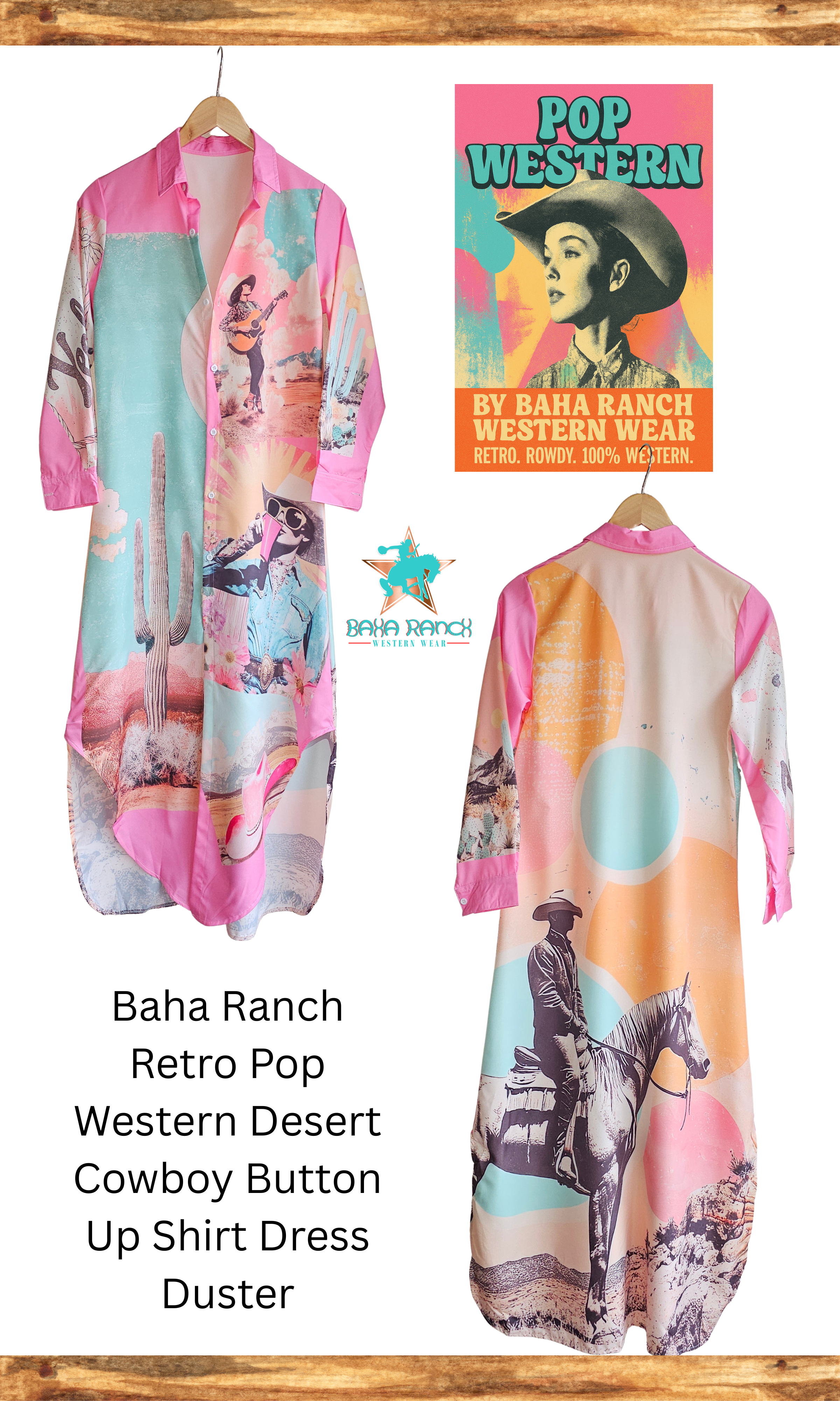 Baha Ranch Retro Pop Western Desert Cowboy Button Up Shirt Dress Duster