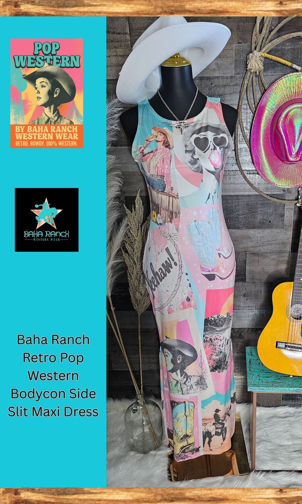 Baha Ranch Retro Pop Western Bodycon Side Slit Maxi Dress