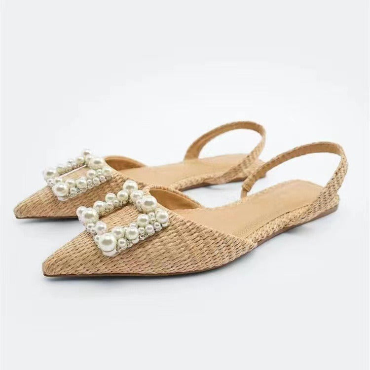 Flat Shoes Pearl Espadrilles for women Casual Slingback Rhinestone Shoes Woman Spring Summer Ladies Low heel Shoes