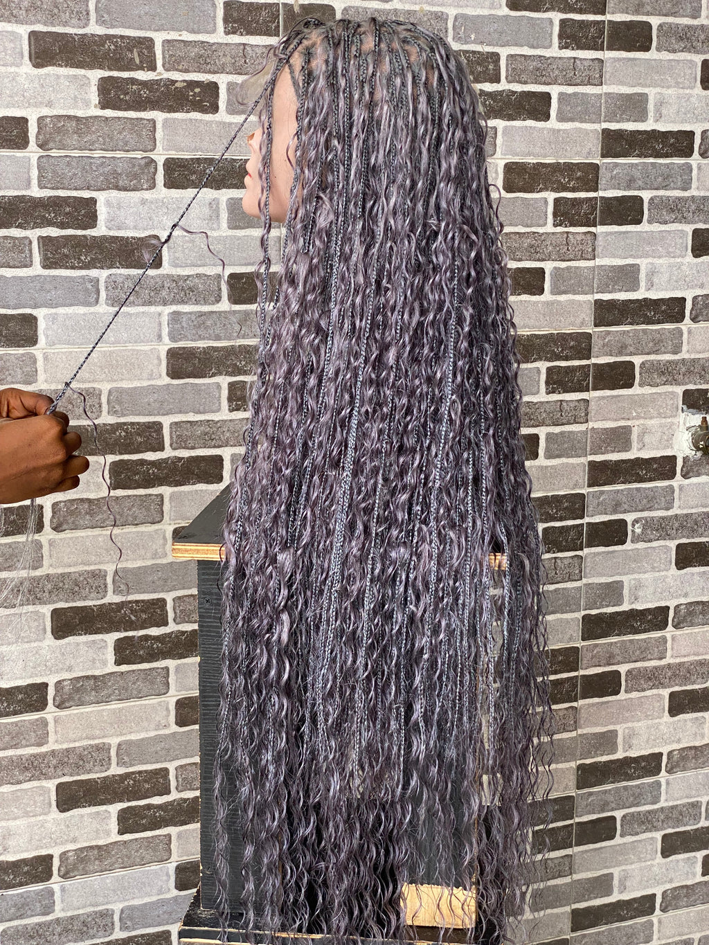 100% Human Hair Bohemian Knotless Braid Wig, Gray Color, Waist Length - (TARA GERY)