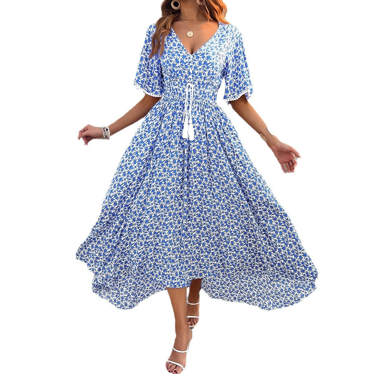 Spring/Summer Women's V-neck High Waist Elegant Printed Dress