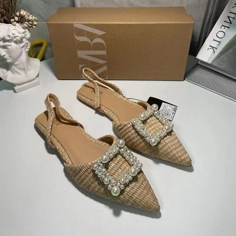 Flat Shoes Pearl Espadrilles for women Casual Slingback Rhinestone Shoes Woman Spring Summer Ladies Low heel Shoes