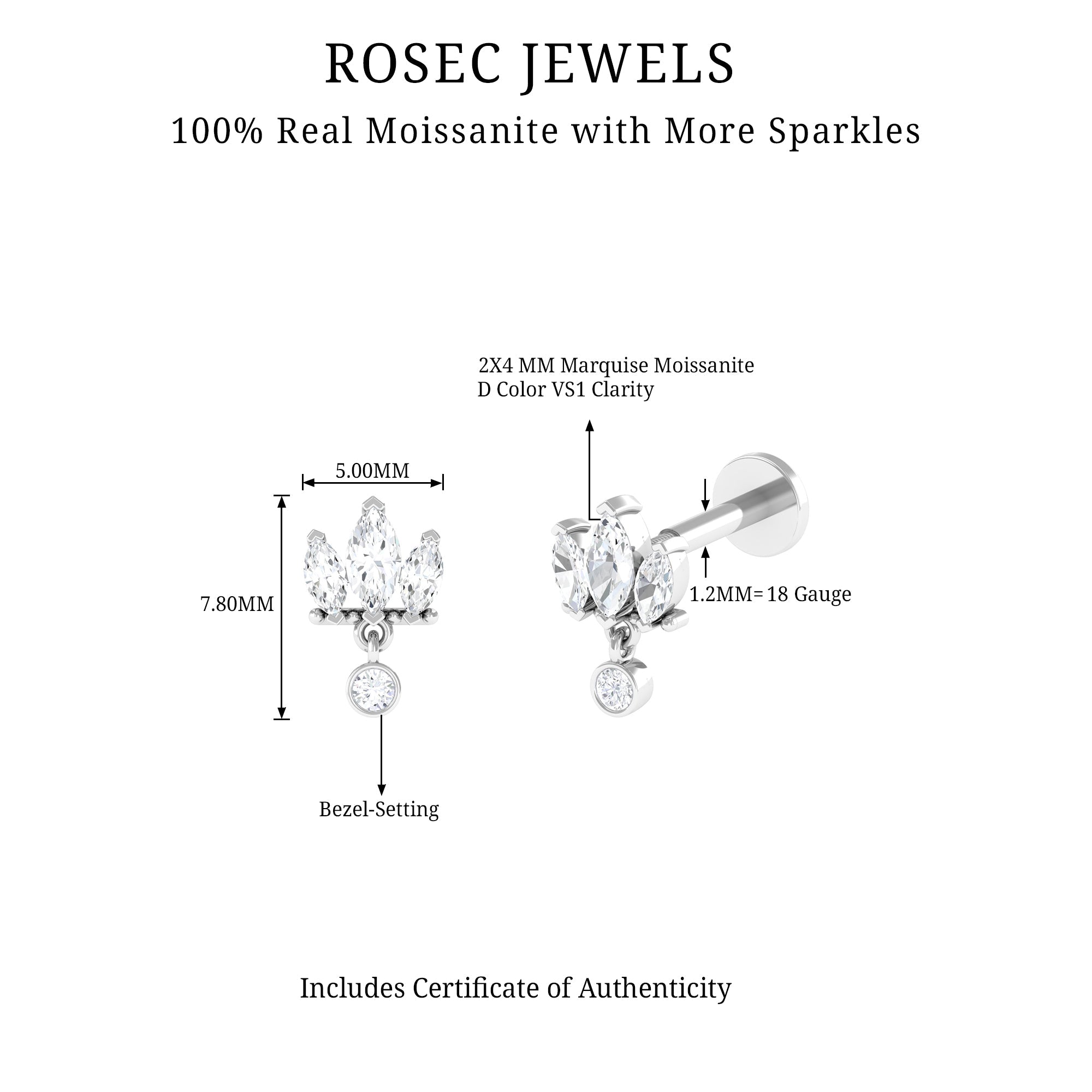 1/4 CT Marquise Moissanite Stud Drop Earring for Helix Piercing