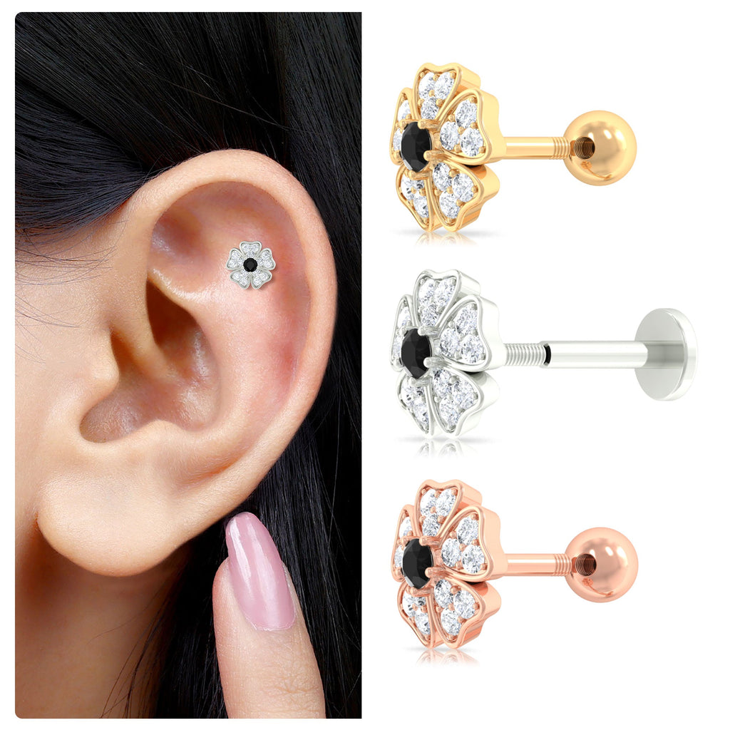 1/4 CT Black Diamond and Moissanite Flower Helix Earring in Gold