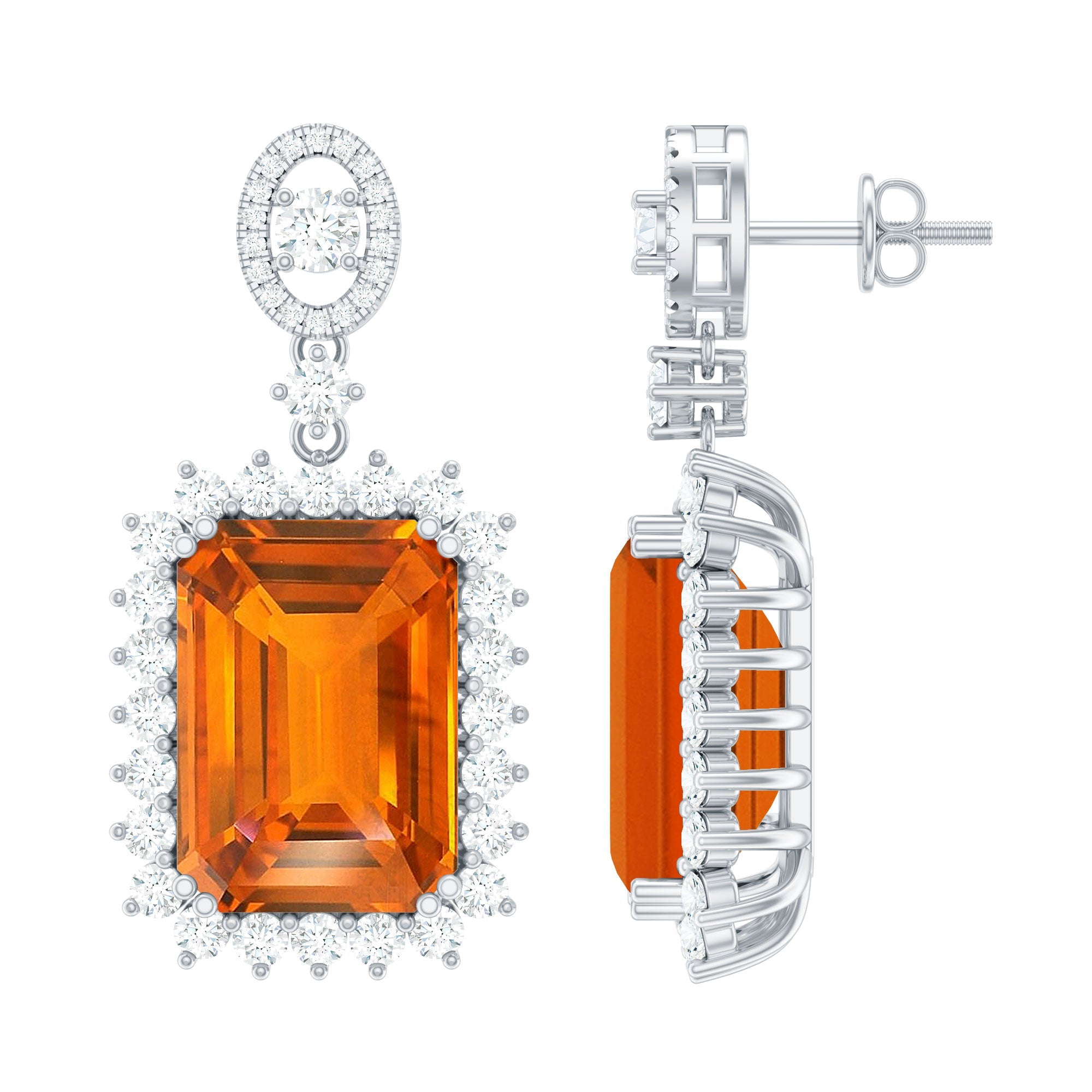 10X14 mm Lab Grown Orange Sapphire Statement Earrings in Silver