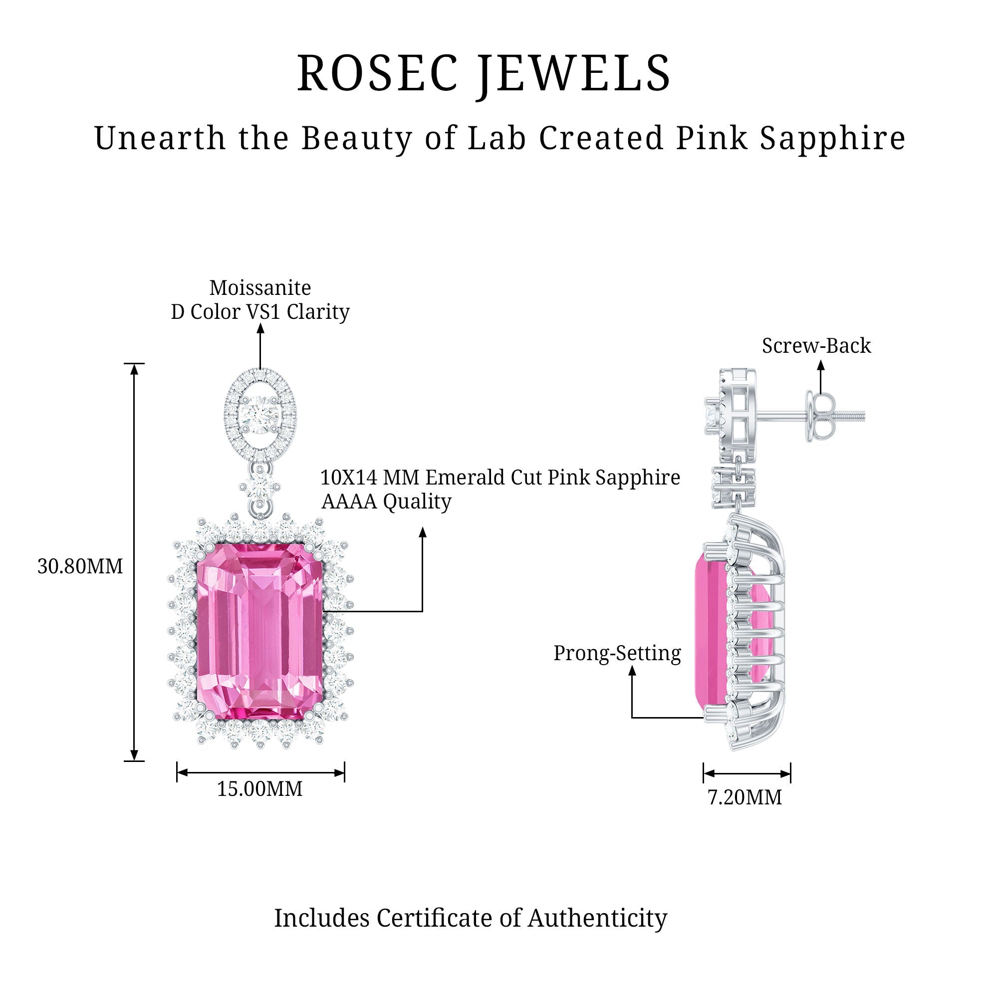 10X14 MM Lab Grown Pink Sapphire Statement Earrings