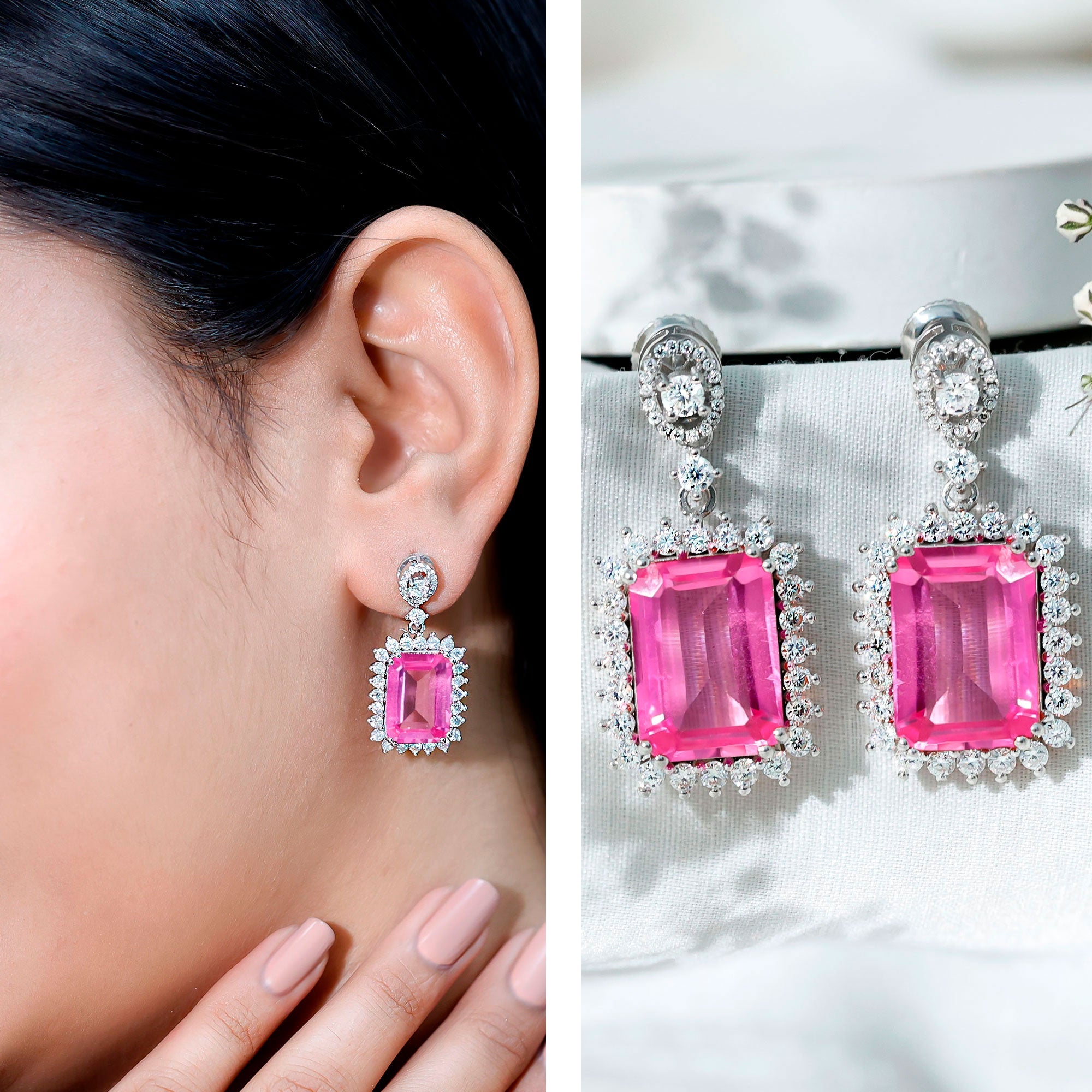 10X14 MM Lab Grown Pink Sapphire Statement Earrings