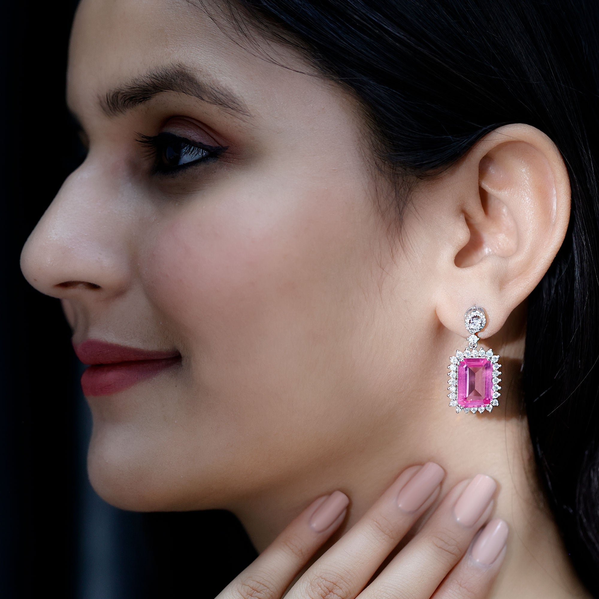 10X14 MM Lab Grown Pink Sapphire Statement Earrings