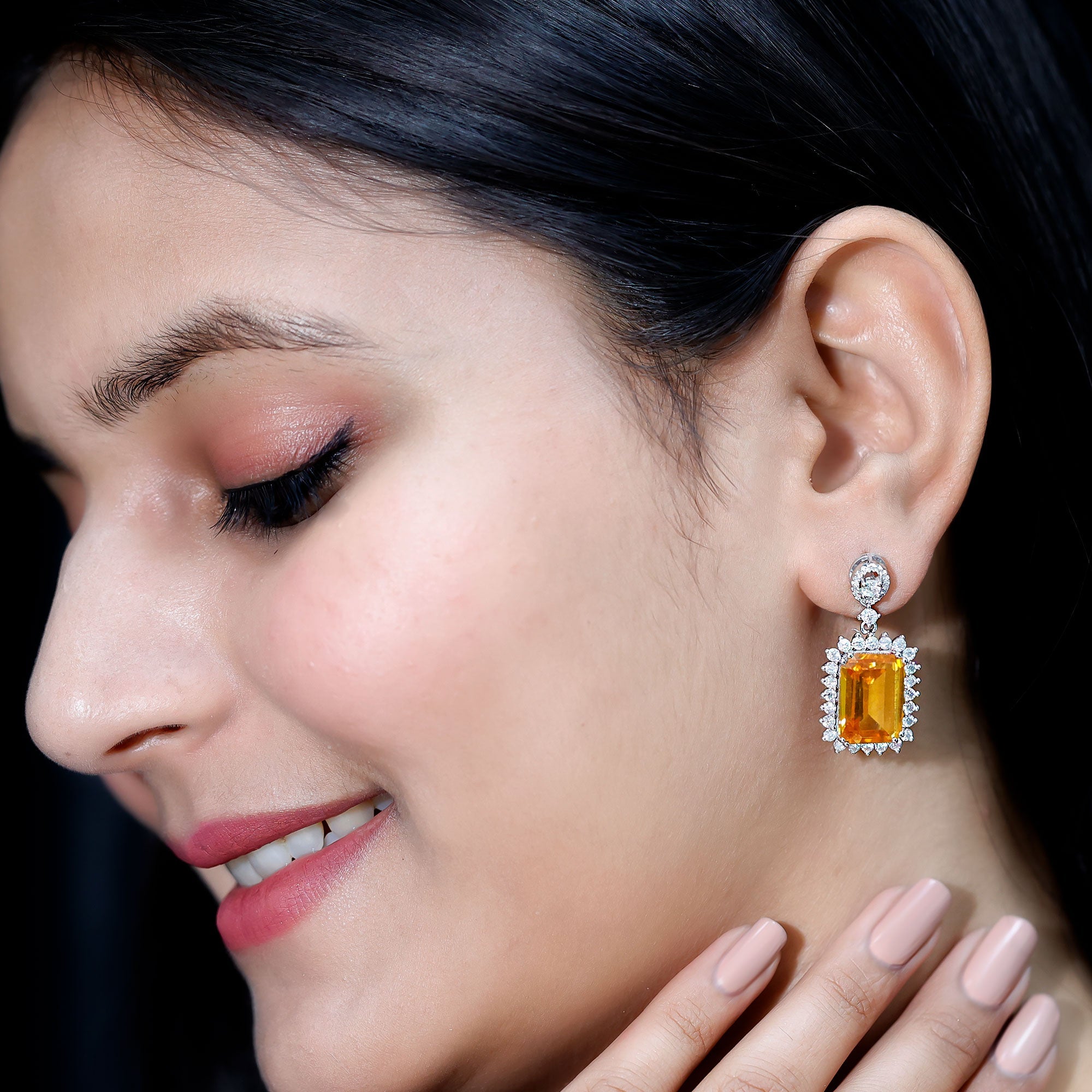 10X14 MM Lab Grown Yellow Sapphire Emerald Cut Earrings in Silver