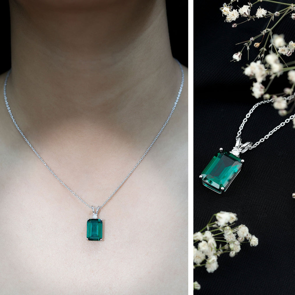 10X14MM Lab Grown Emerald Solitaire Necklace with Chain