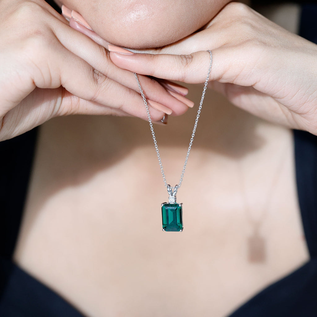 10X14MM Lab Grown Emerald Solitaire Necklace with Chain