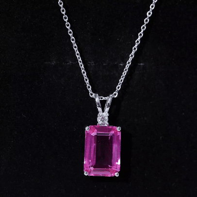 10X14mm Lab Grown Pink Sapphire Statement Necklace With Silver Chain