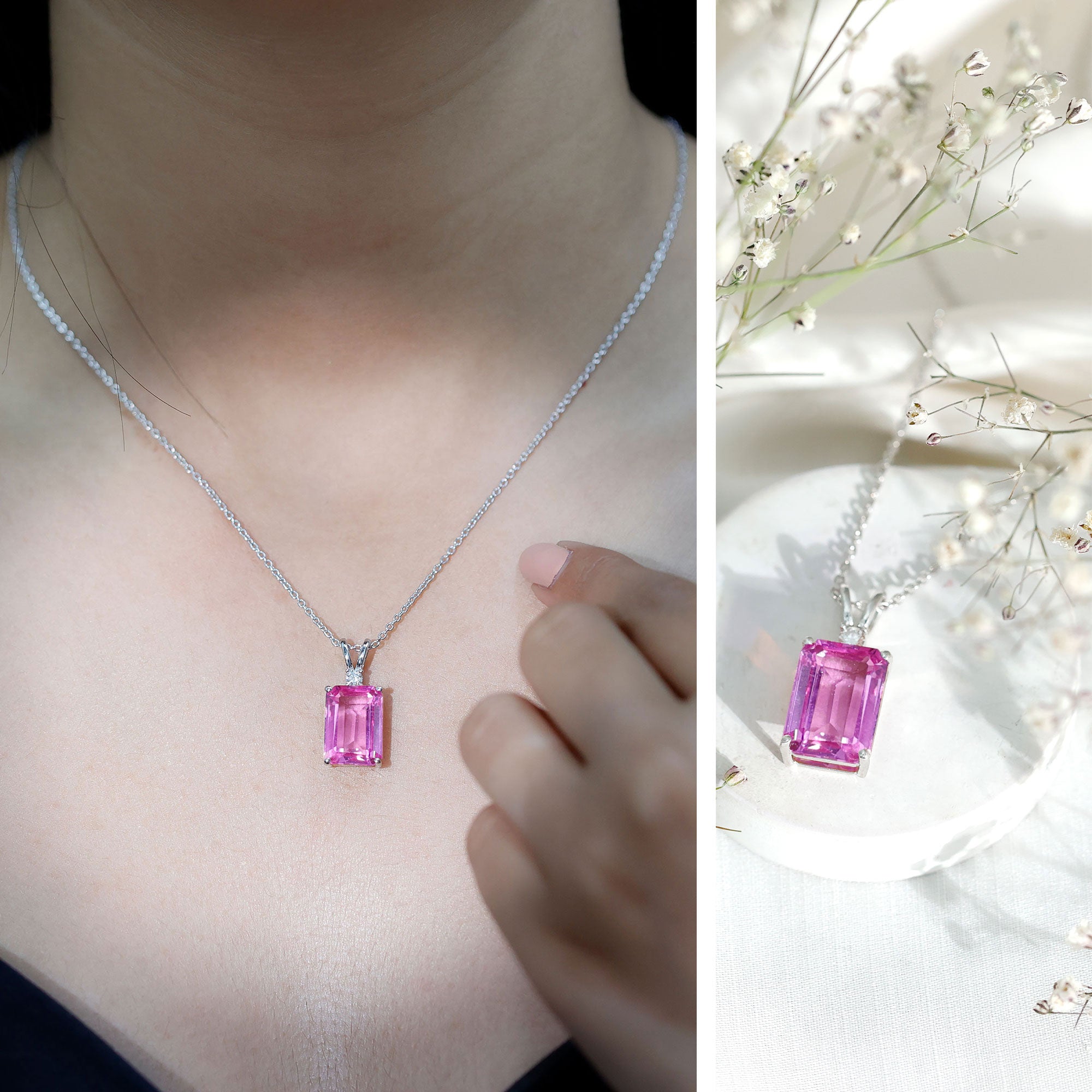 10X14mm Lab Grown Pink Sapphire Statement Necklace With Silver Chain