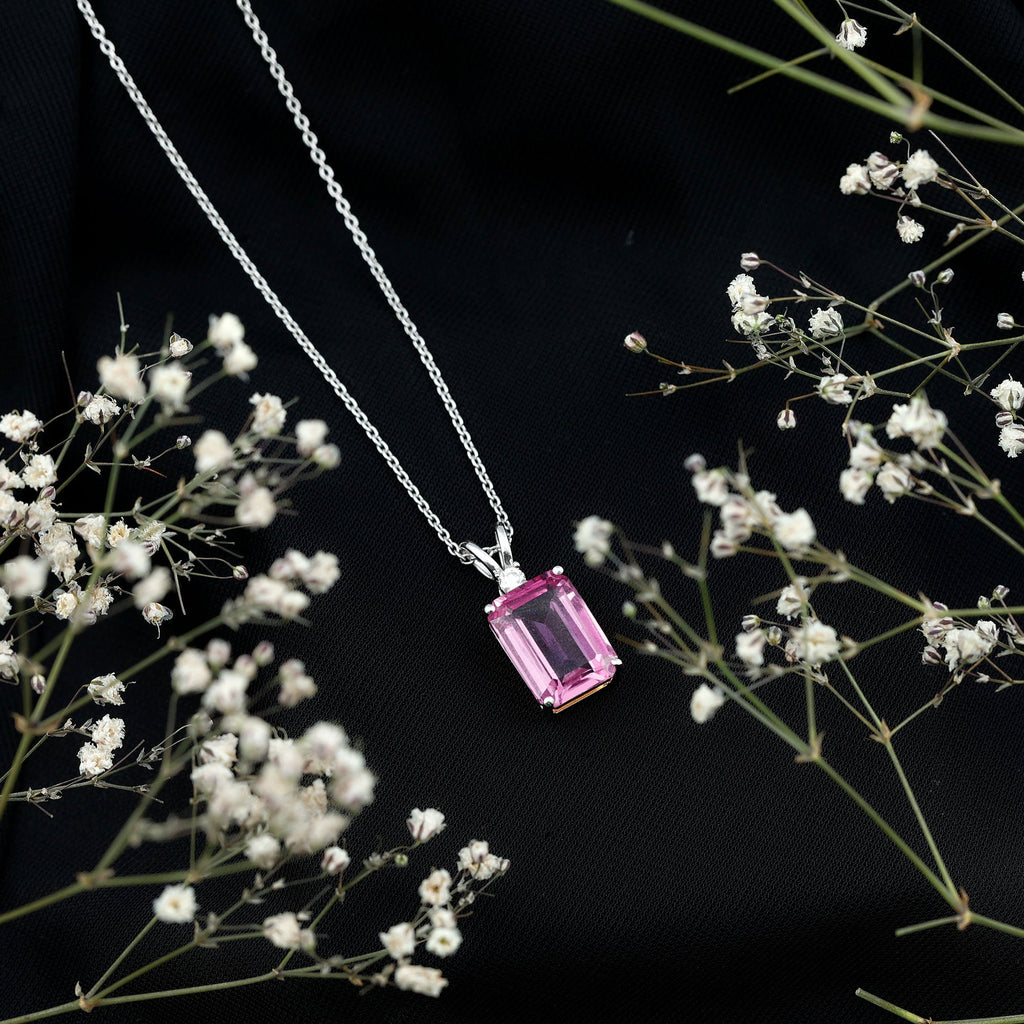 10X14mm Lab Grown Pink Sapphire Statement Necklace With Silver Chain