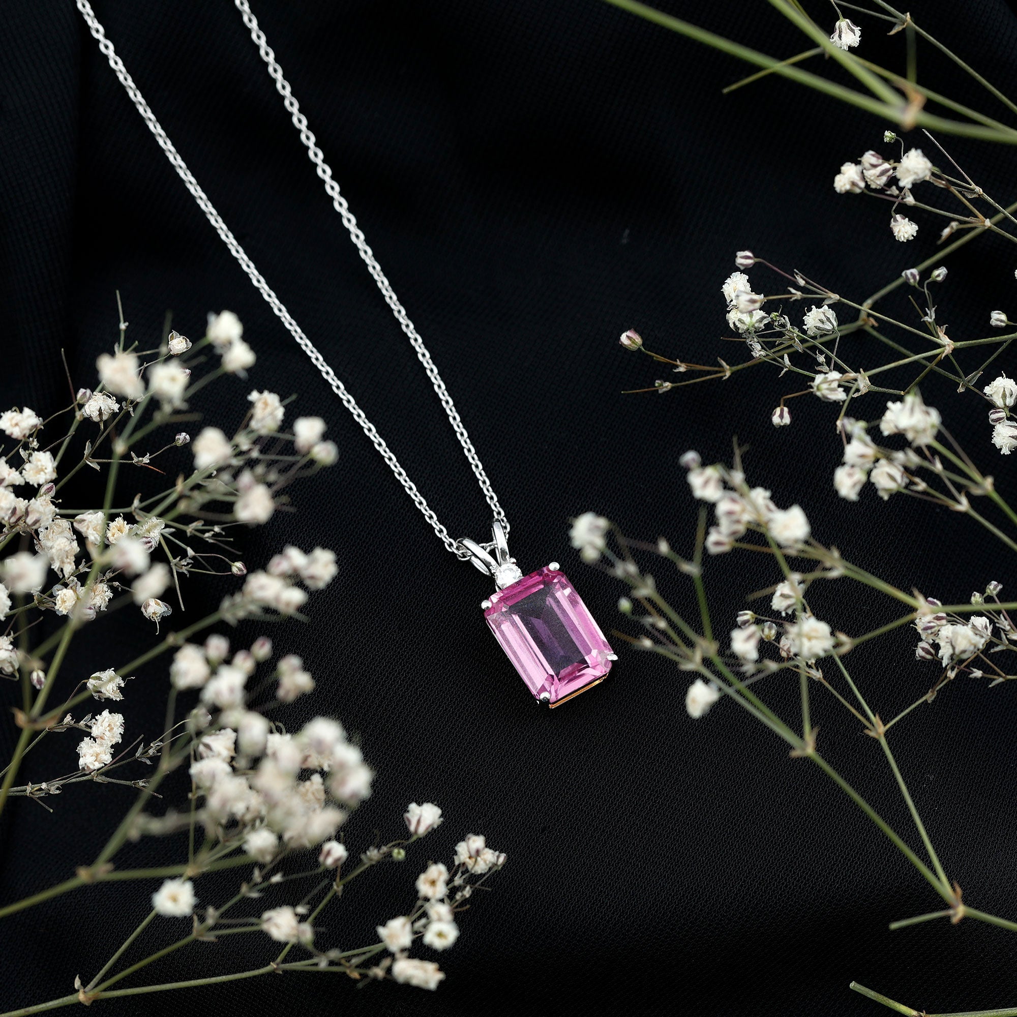 10X14mm Lab Grown Pink Sapphire Statement Necklace With Silver Chain