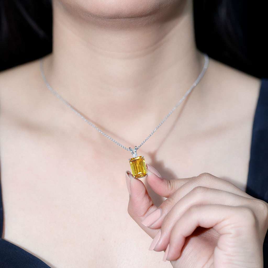 10X14 MM Lab Grown Yellow Sapphire Silver Emerald Cut Necklace With Chain