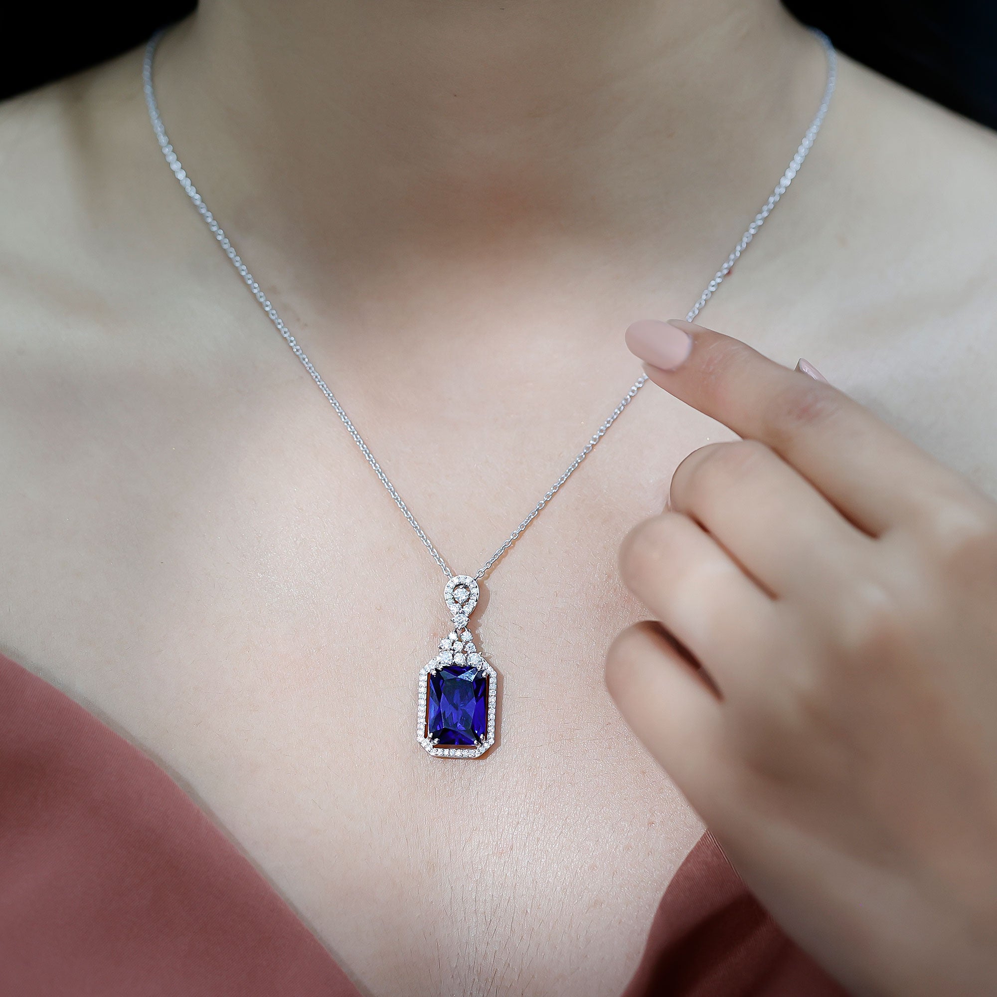 10X14 MM Lab Grown Blue Sapphire Silver Vintage Necklace With Moissanite Accents