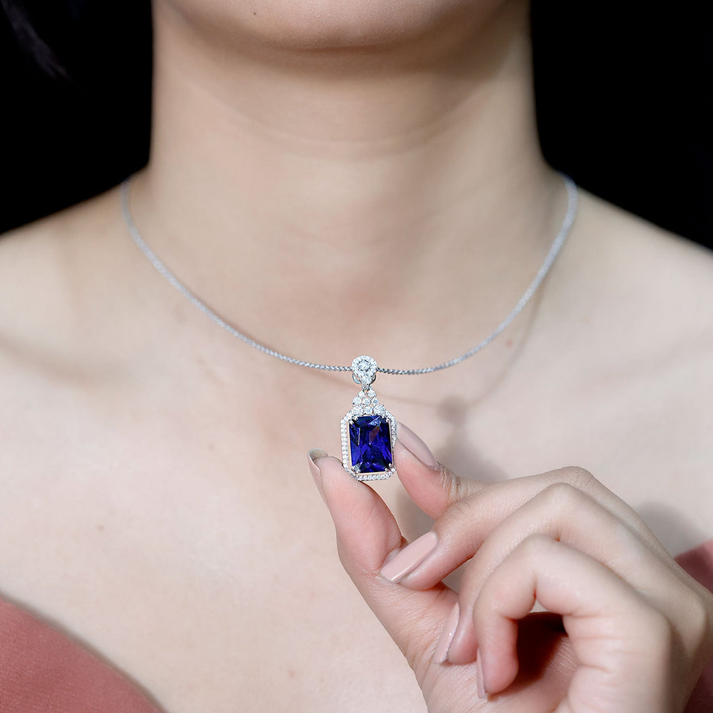 10X14 MM Lab Grown Blue Sapphire Silver Vintage Necklace With Moissanite Accents