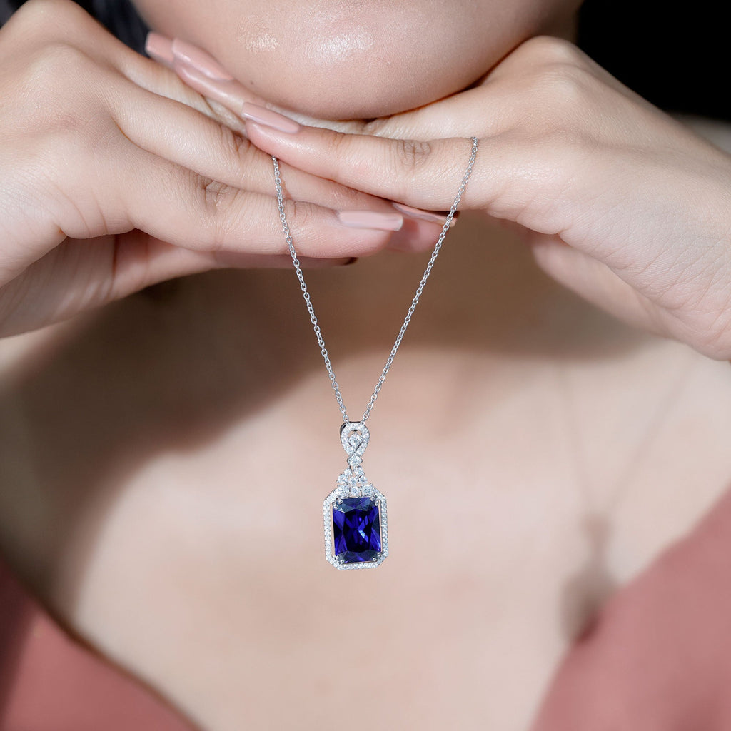 10X14 MM Lab Grown Blue Sapphire Silver Vintage Necklace With Moissanite Accents