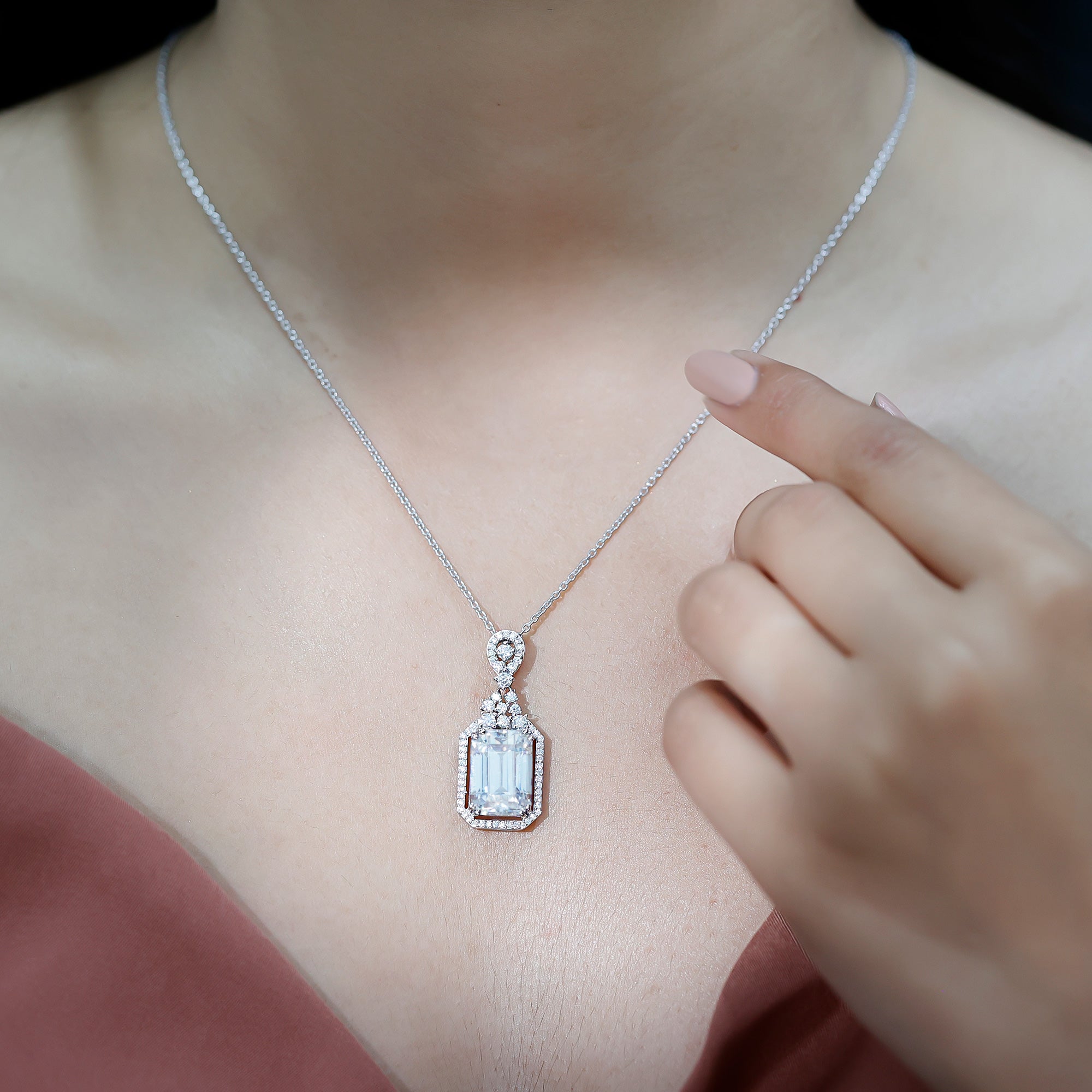 10X14 MM Emerald Cut Moissanite Wedding Necklace With Silver Chain
