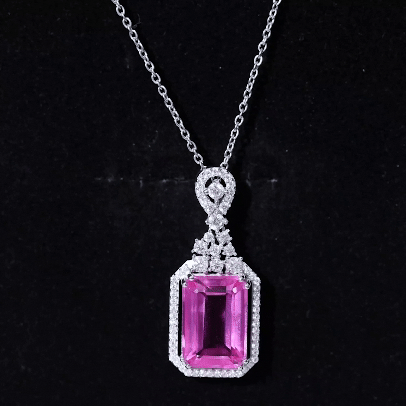 10X14 MM Lab Grown Pink Sapphire Art Deco Necklace With Silver Chain