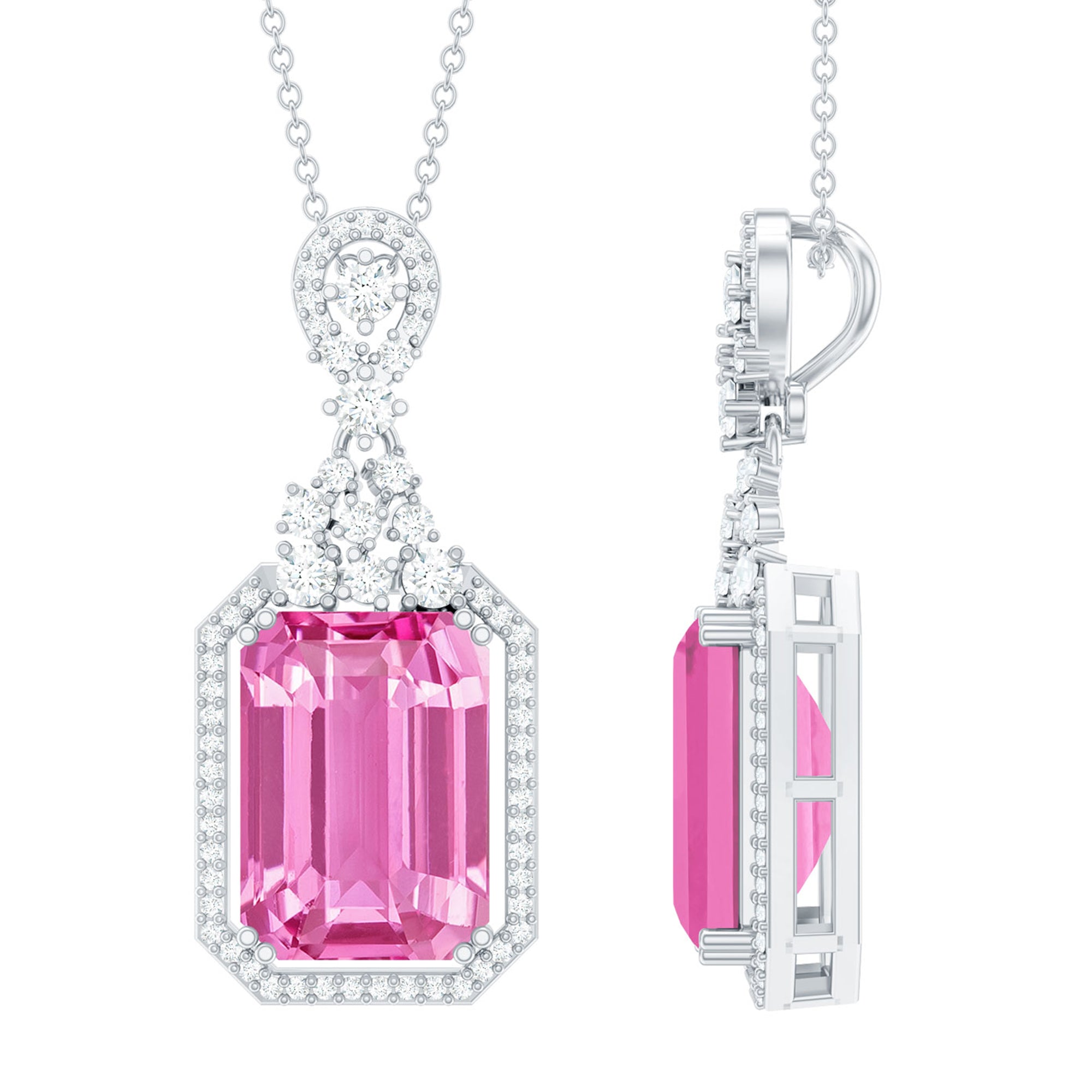 10X14 MM Lab Grown Pink Sapphire Art Deco Necklace With Silver Chain