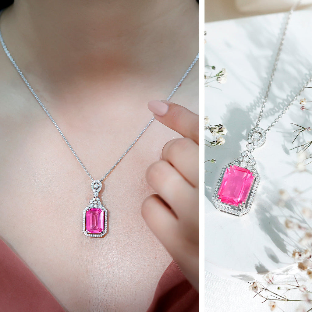 10X14 MM Lab Grown Pink Sapphire Art Deco Necklace With Silver Chain