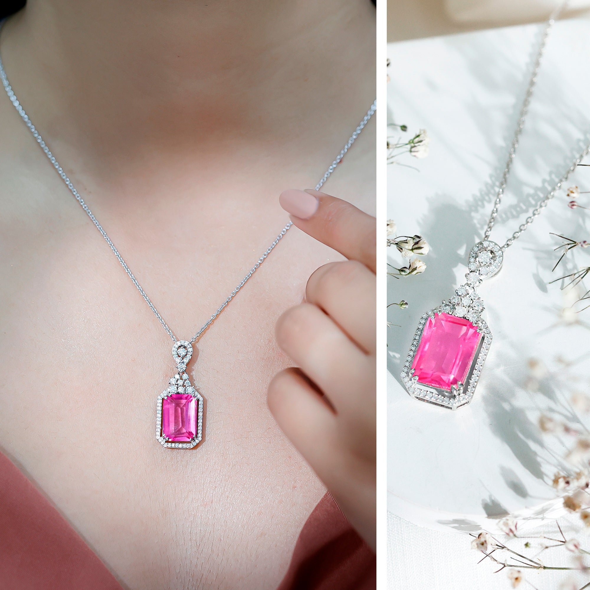 10X14 MM Lab Grown Pink Sapphire Art Deco Necklace With Silver Chain