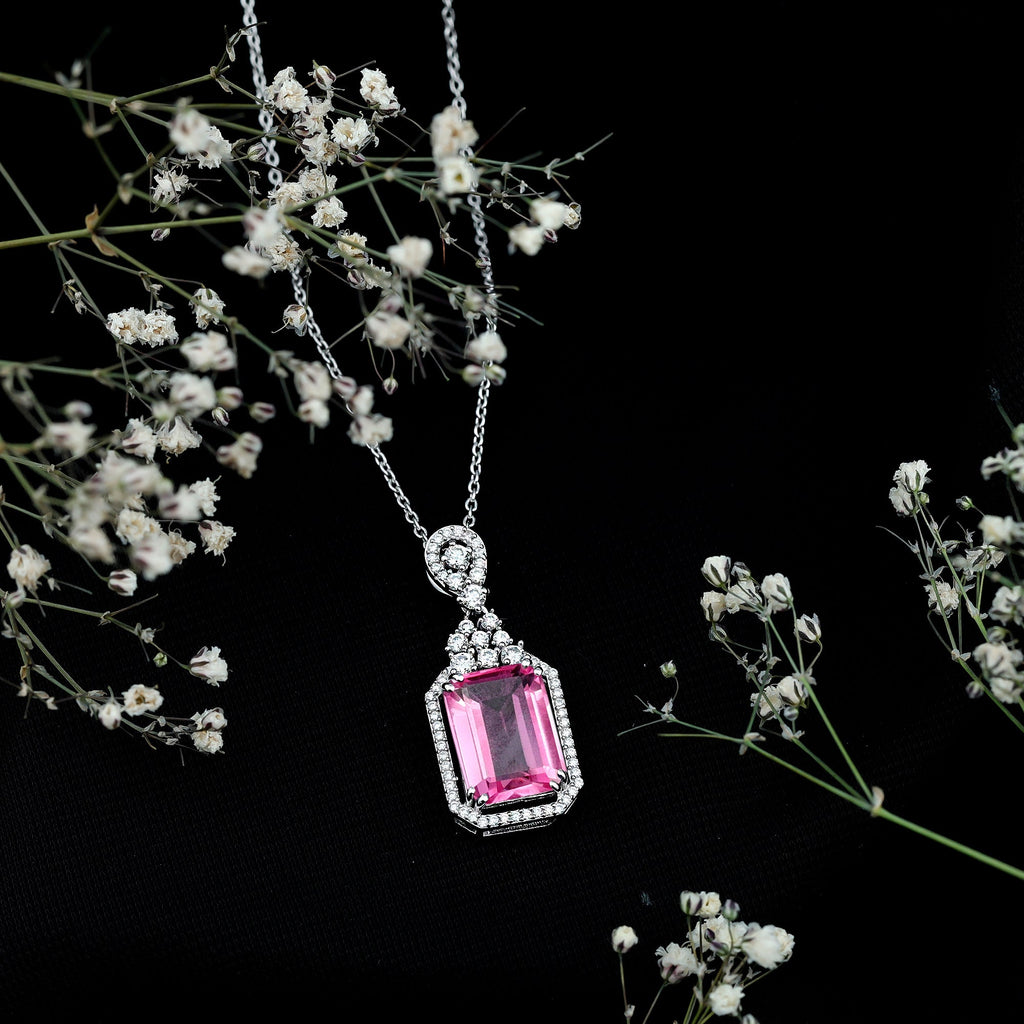 10X14 MM Lab Grown Pink Sapphire Art Deco Necklace With Silver Chain