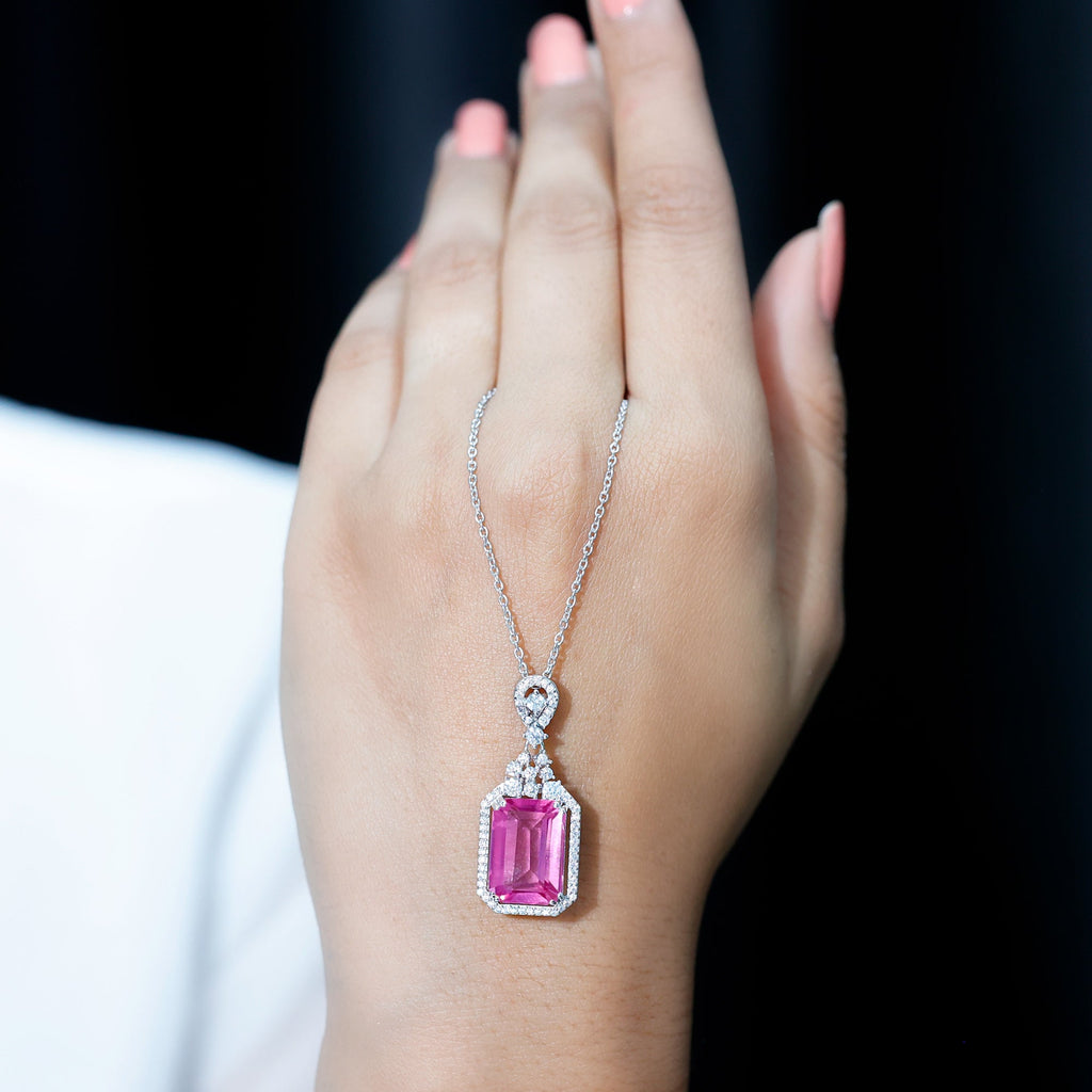 10X14 MM Lab Grown Pink Sapphire Art Deco Necklace With Silver Chain