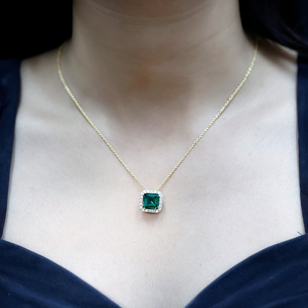 10 MM Lab Created Emerald Statement Necklace with Moissanite Halo