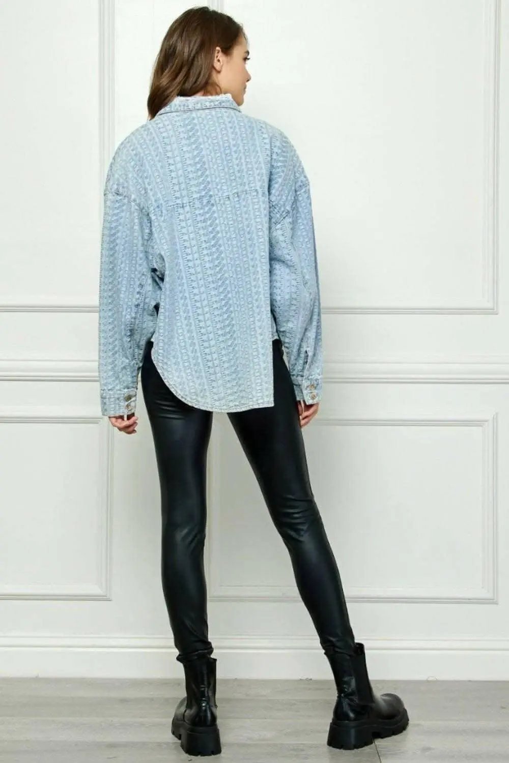 Trendsi Jeans & Denim - Veveret Denim Dropped Shoulder Button-Up Top w