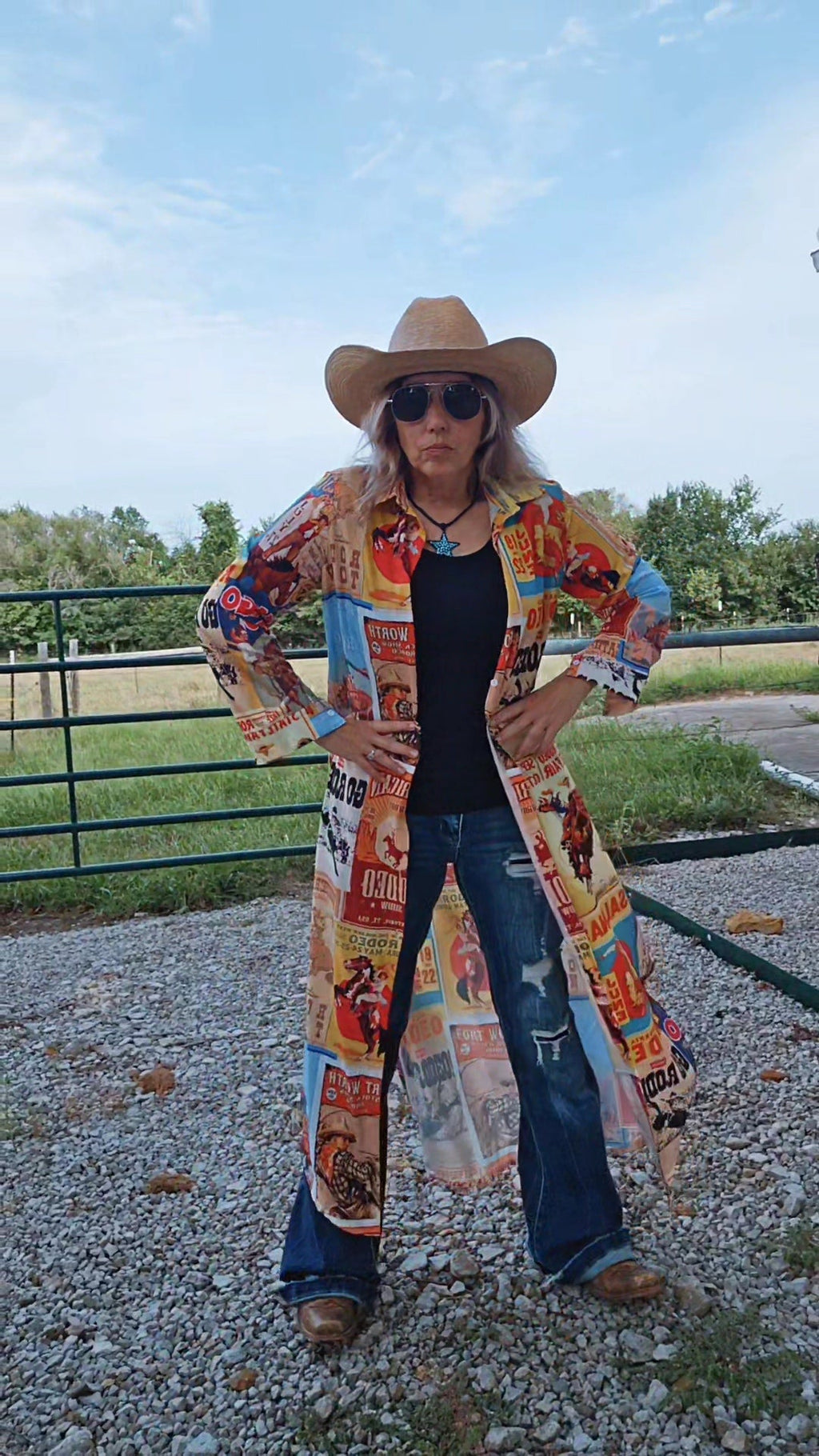 Vintage Rodeo Poster Button-Up Long Sleeve Shirt Duster Dress