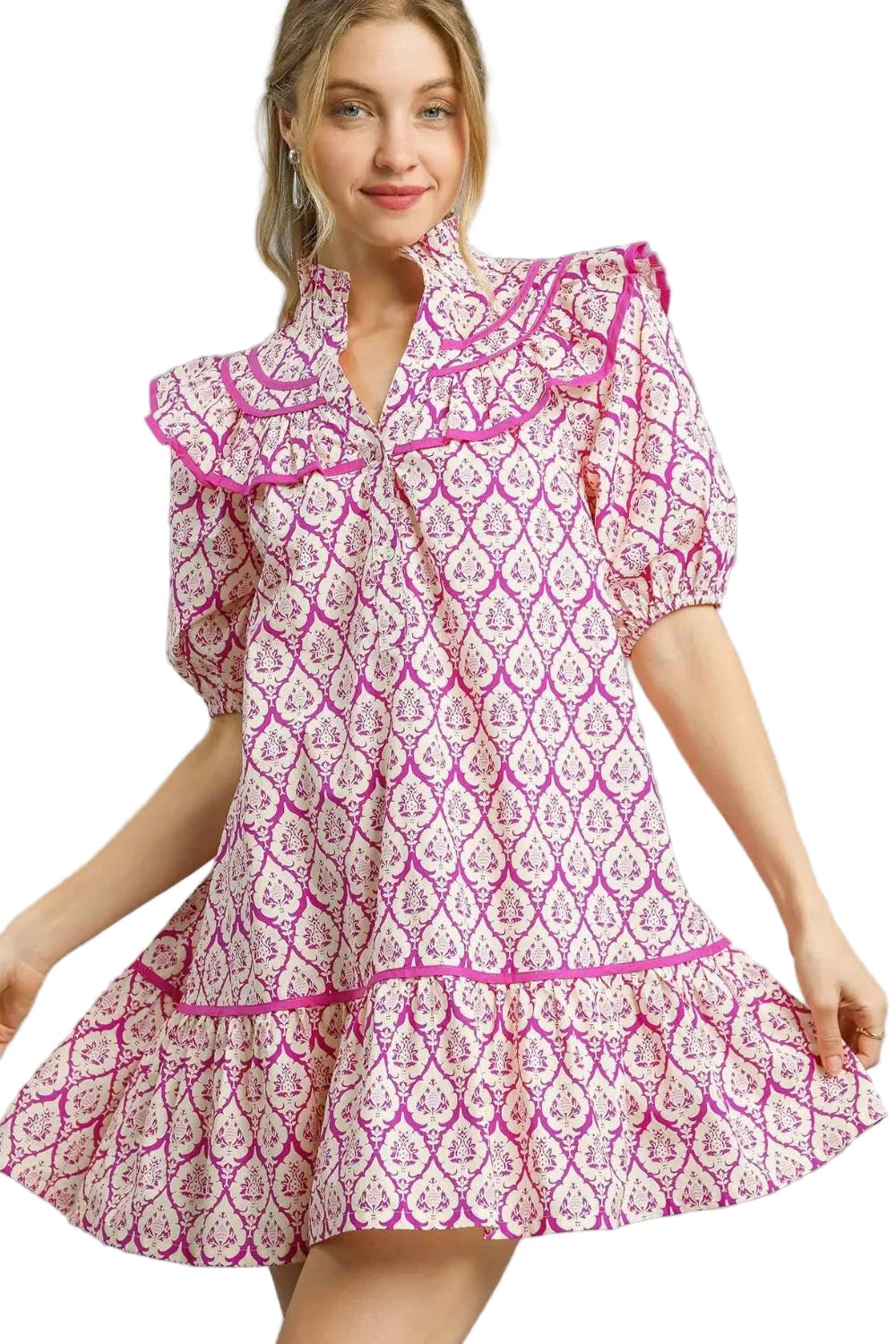 Ruffled Printed Puff Sleeve Mini Dress