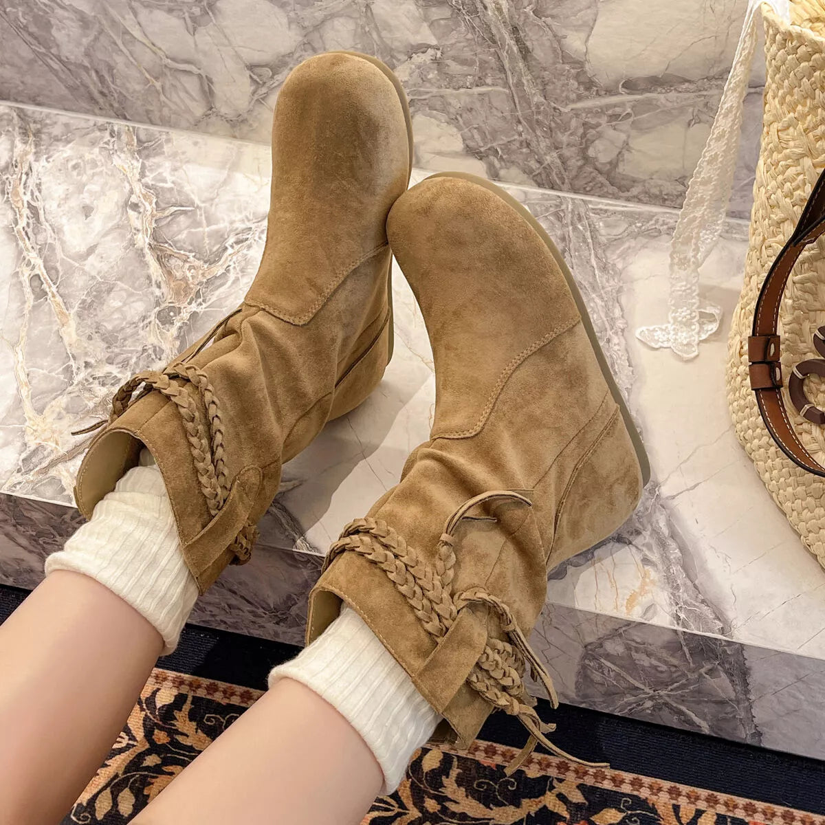 Suede Fringe Round Toe Boots