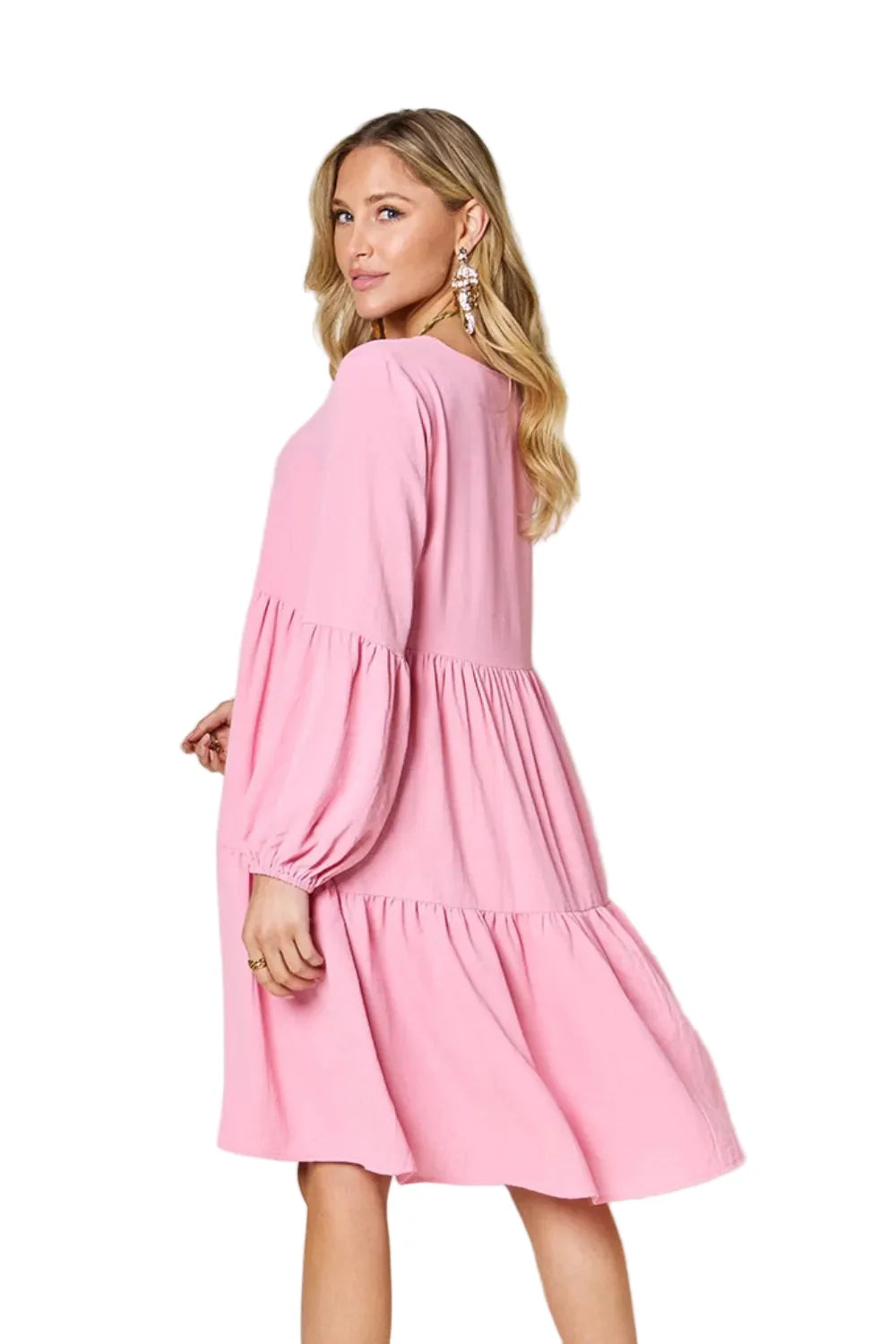 Full-Size V-Neck Balloon Sleeve Tiered Dress with Pockets