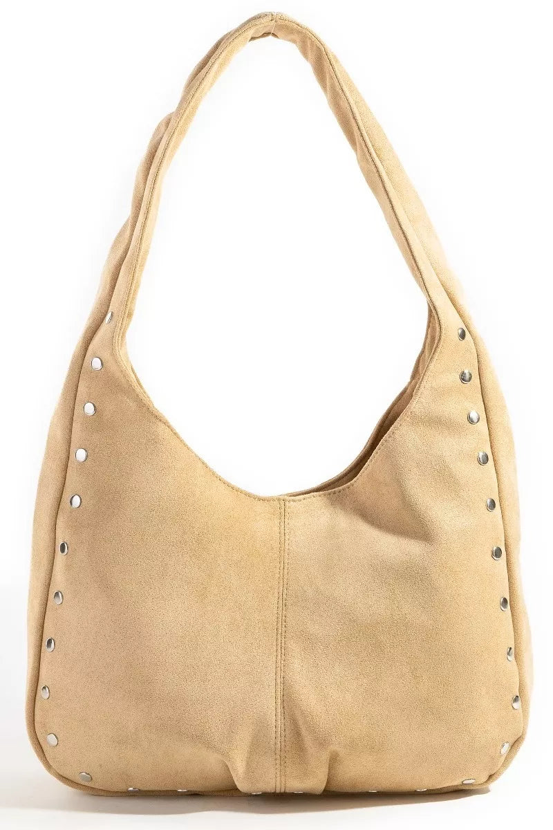 Fame Faux Suede Studded Trim Hobo Bag