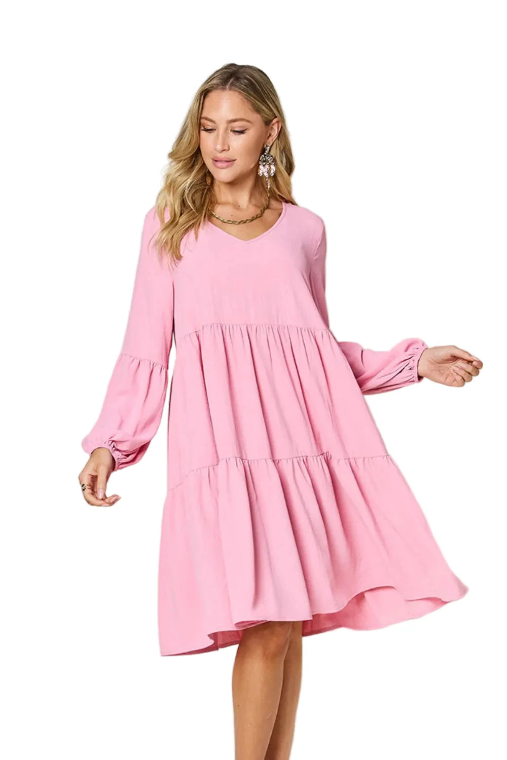 Full-Size V-Neck Balloon Sleeve Tiered Dress with Pockets