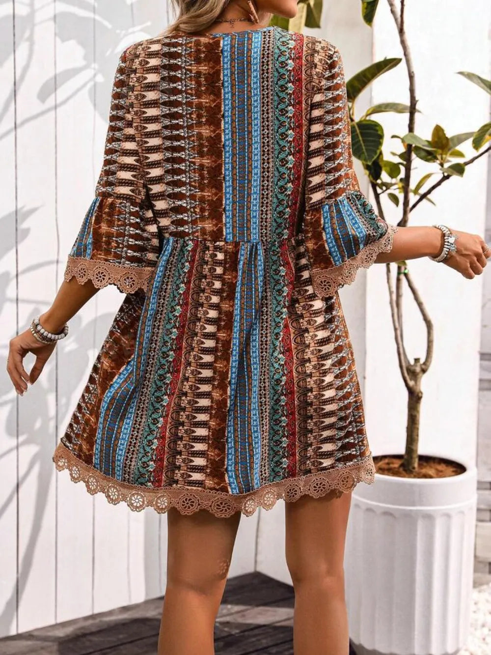 Lace Trim Printed V-Neck 3/4 Sleeve Dress