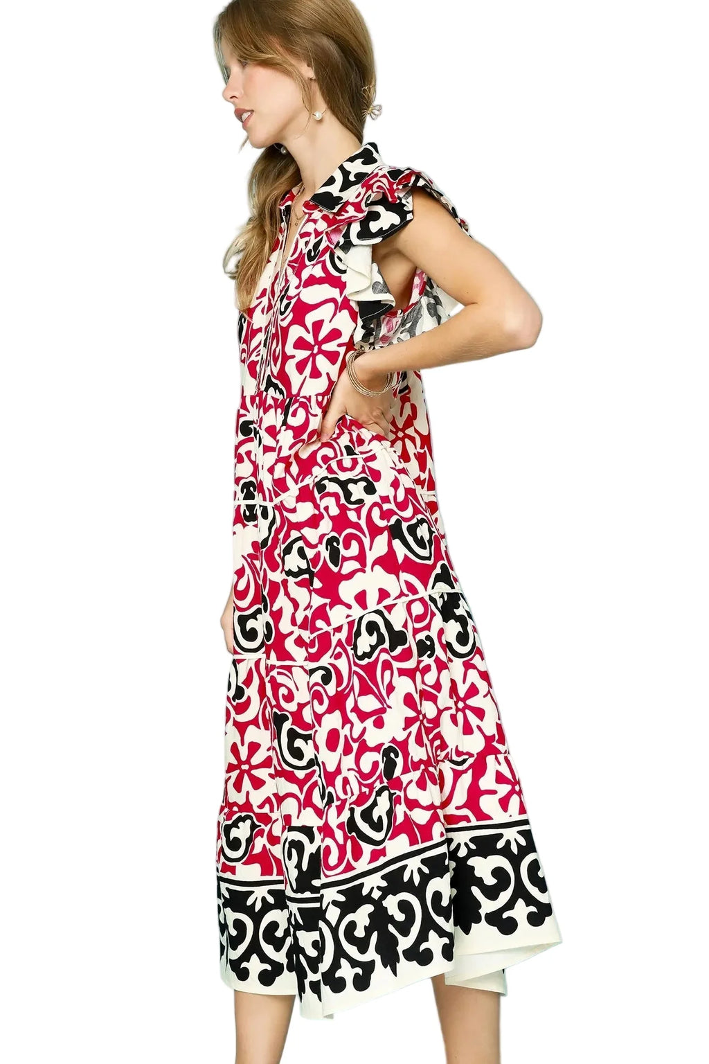 Printed Ruffled Cap Sleeve Midi Dress