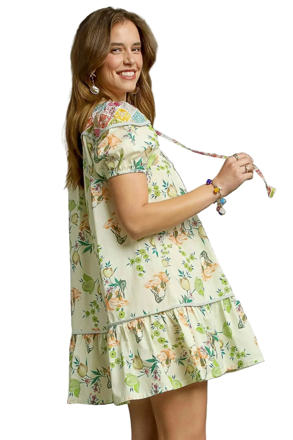 Floral Print Tie Neck Puff Sleeve Dress