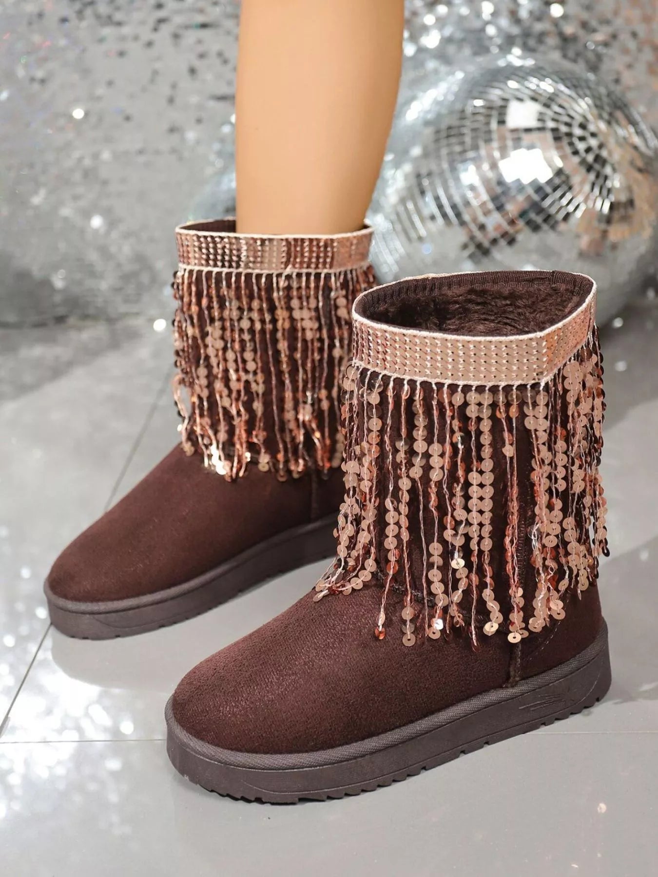 Sequin Fringe Suede Winter Boots