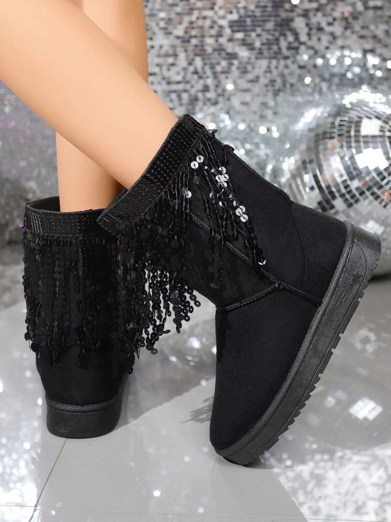 Sequin Fringe Suede Winter Boots