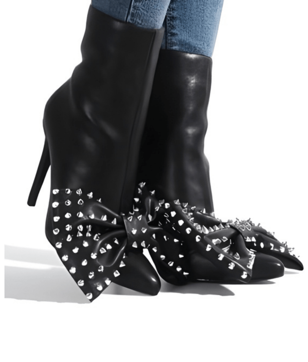Chic Black Studded Bootie with Bow Tie Detail