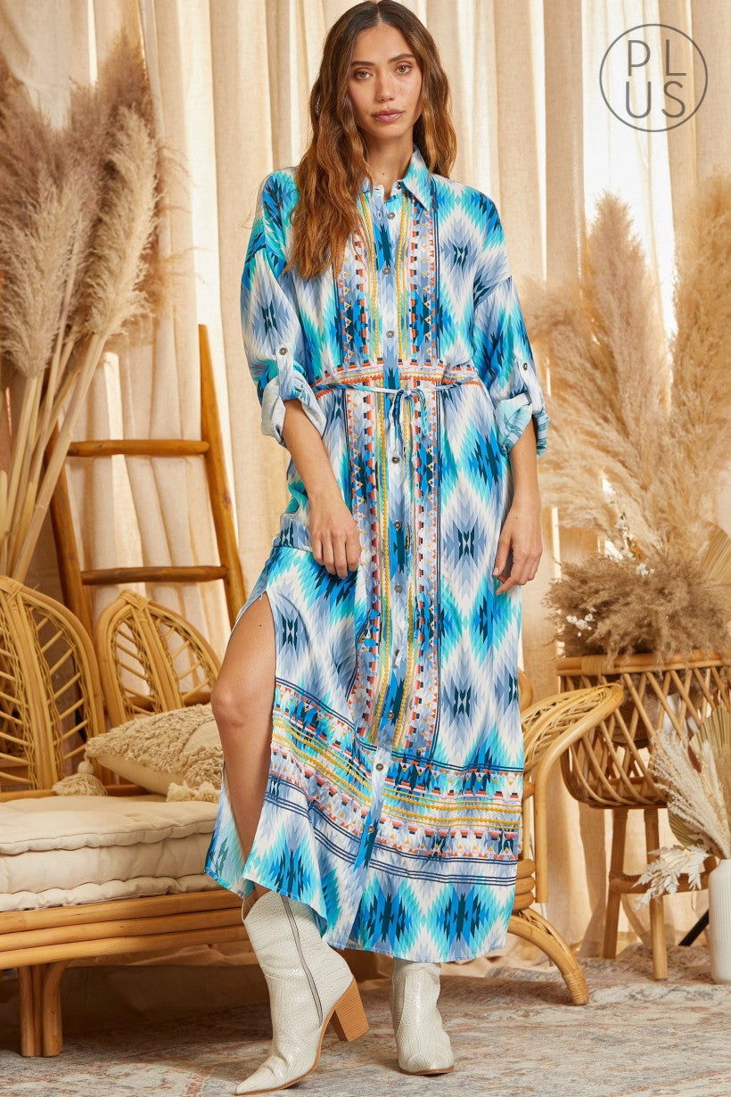 Blue Caracao Aztec Button Down Dress Duster Plus Size