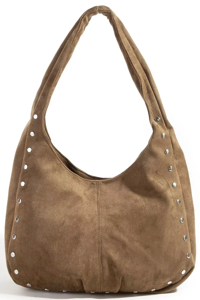 Fame Faux Suede Studded Trim Hobo Bag