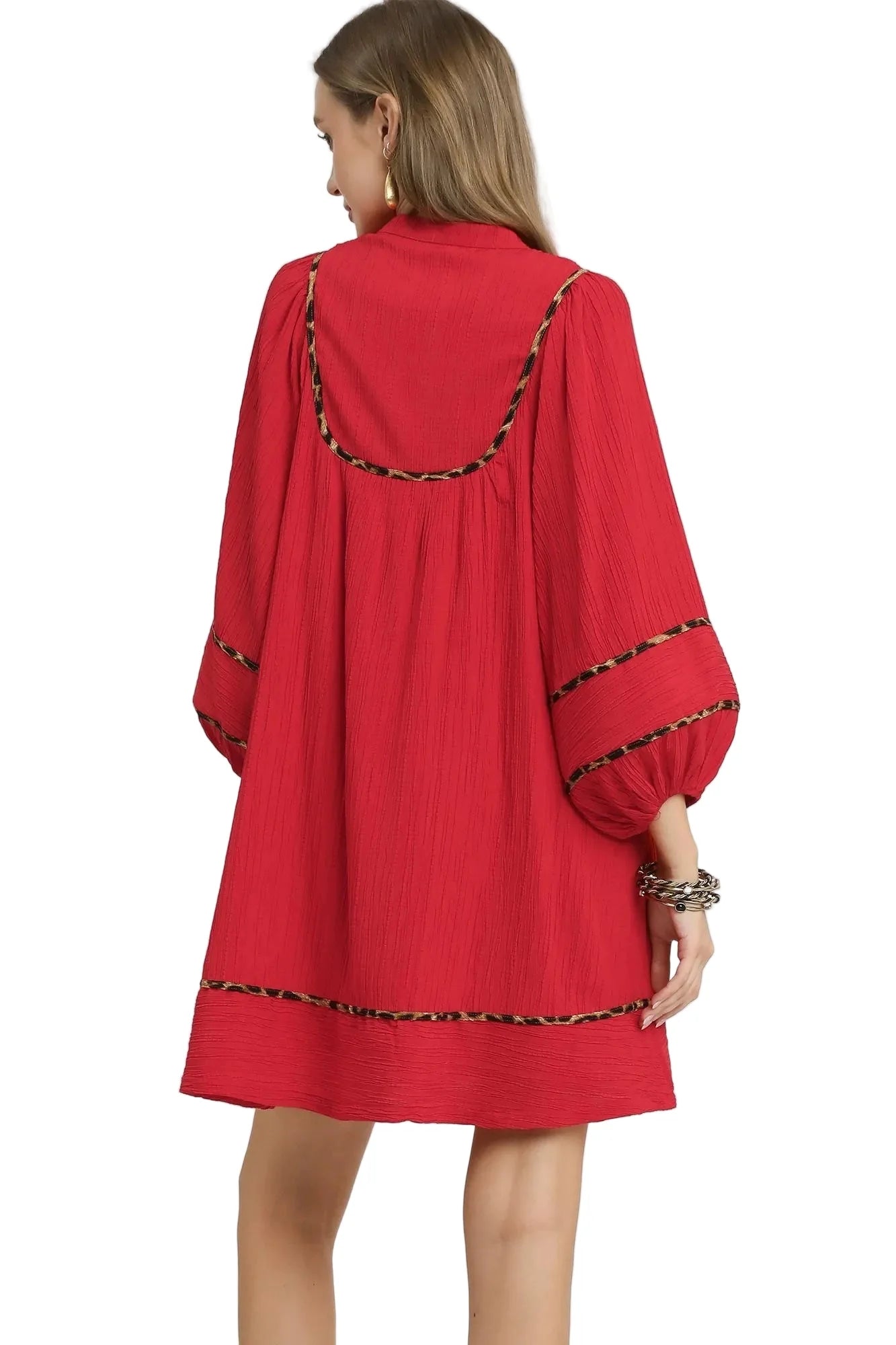 Textured Babydoll Dress with Leopard Trim