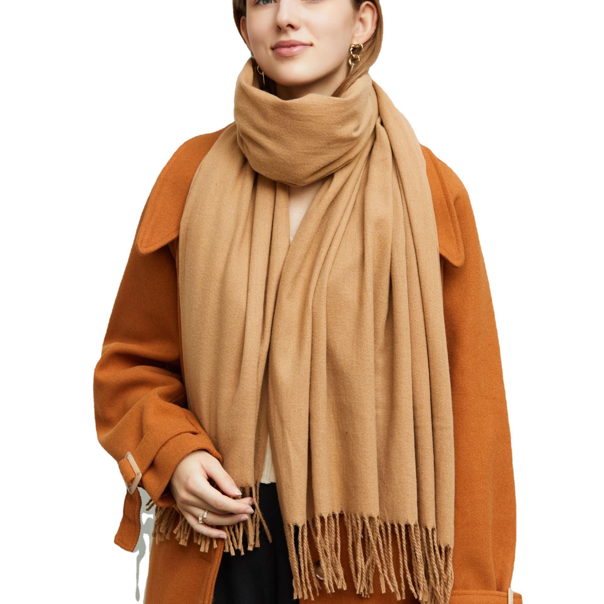 Wholesale Korean simple pure color cashmere like polyester warm shawl monochrome long tassel scarf thickened scarf