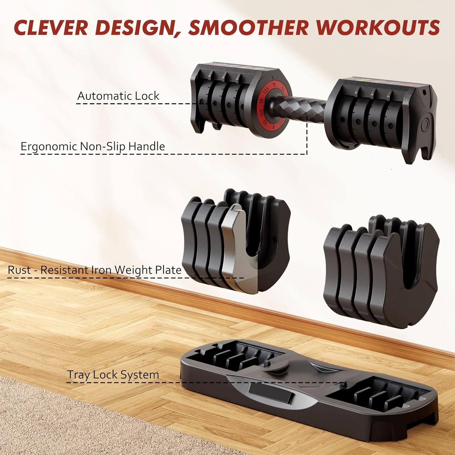 Adjustable Dumbbell Set of 22.5LB Set-1Sec Adjustable Dumbbell Weights-5 in 1 Free Weights Dumbbells Set with Effortless Tray/No-Slip Handle-Compact Size for Women/Men at Home Gym